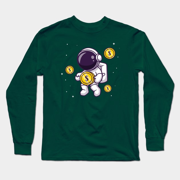 Cute Astronaut Floating With Gold Coin Cartoon Long Sleeve T-Shirt by Catalyst Labs